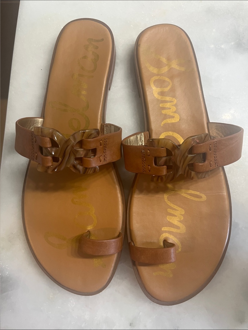 Sam Edelman size 11 Eaden Tan Brown Leather Link-Accent Slide Sandals $50